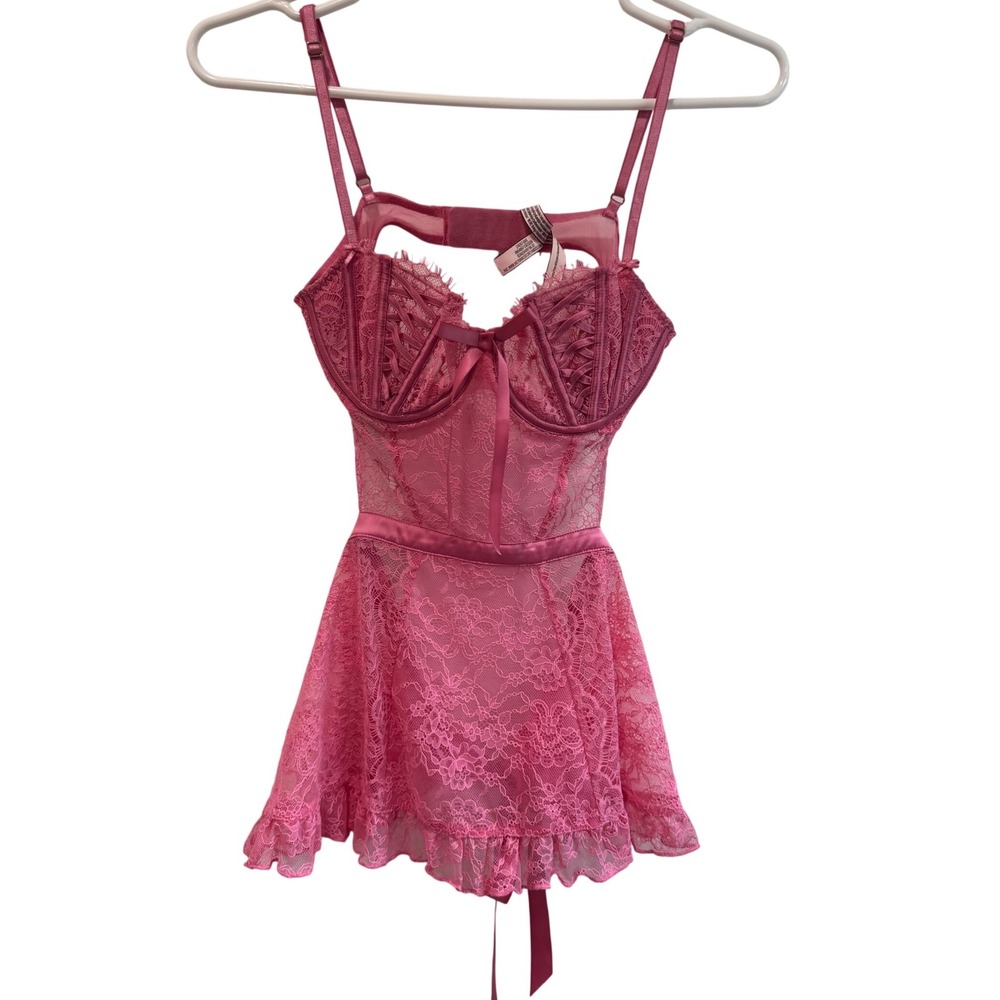 Victorias Secret Pink Lace Babydoll Slip Dress Underwire Corset Detail Small